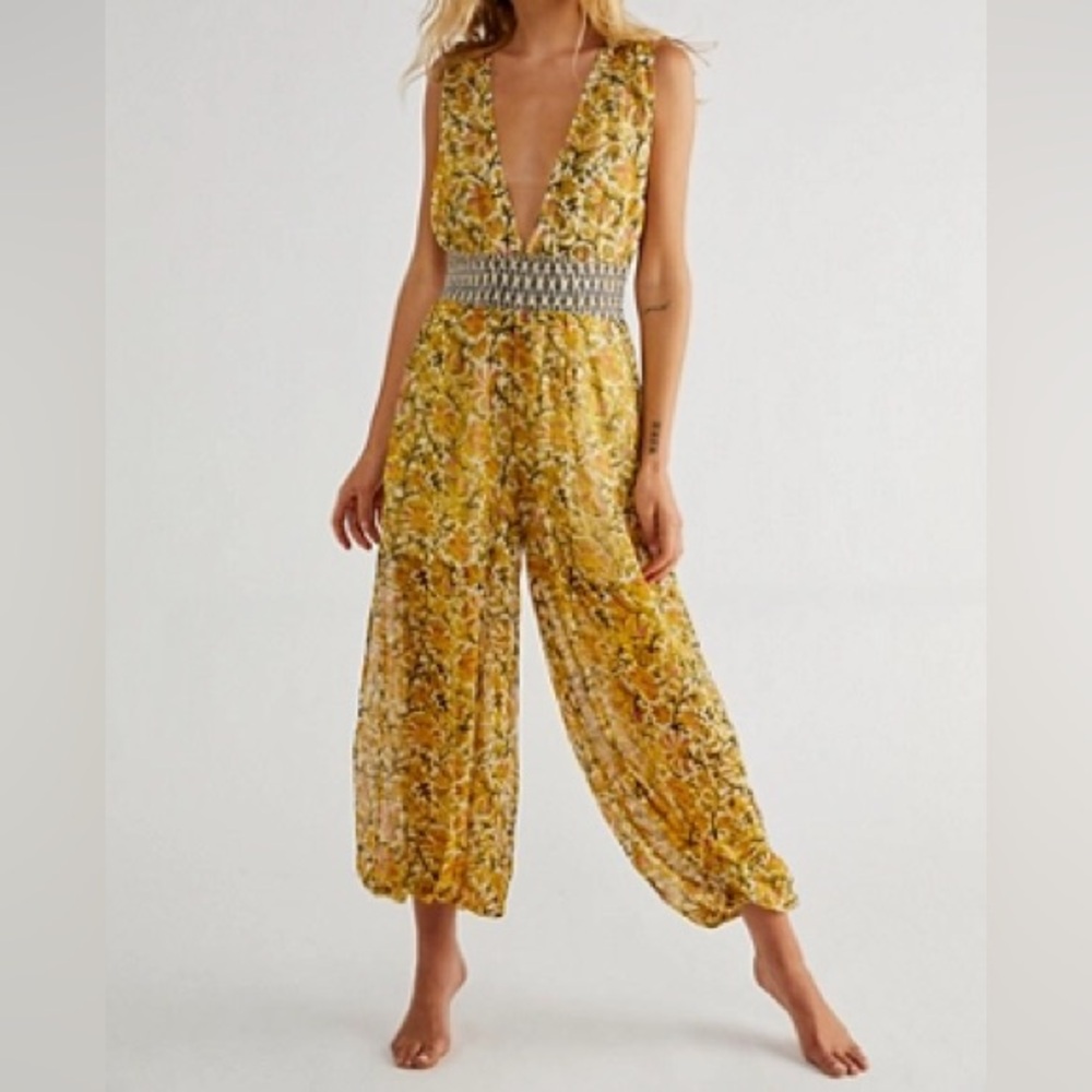 Free People Maria’s Floral Yellow Jumpsuit Medium